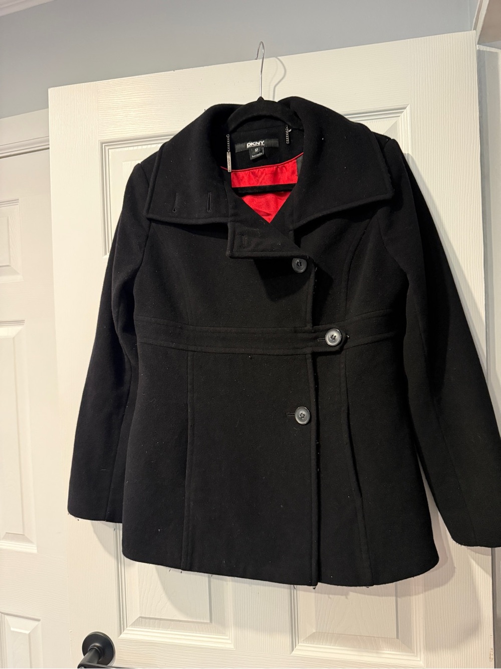 DKNY Black Peacoat with Red Lining
